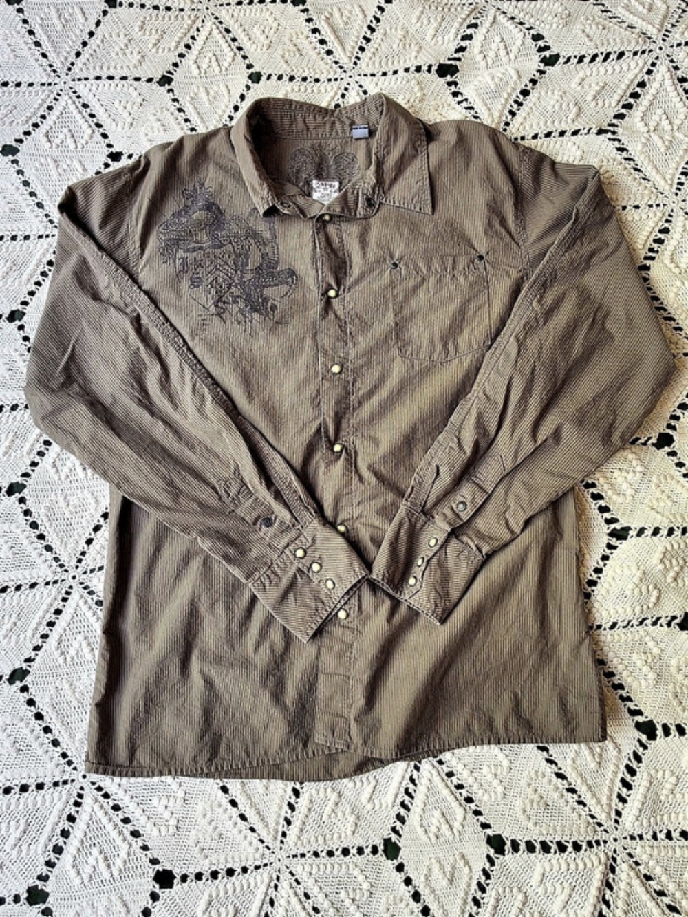Y2k/2000s Vintage Indigo Star Men's Striped Graphic Snap Shirt Large